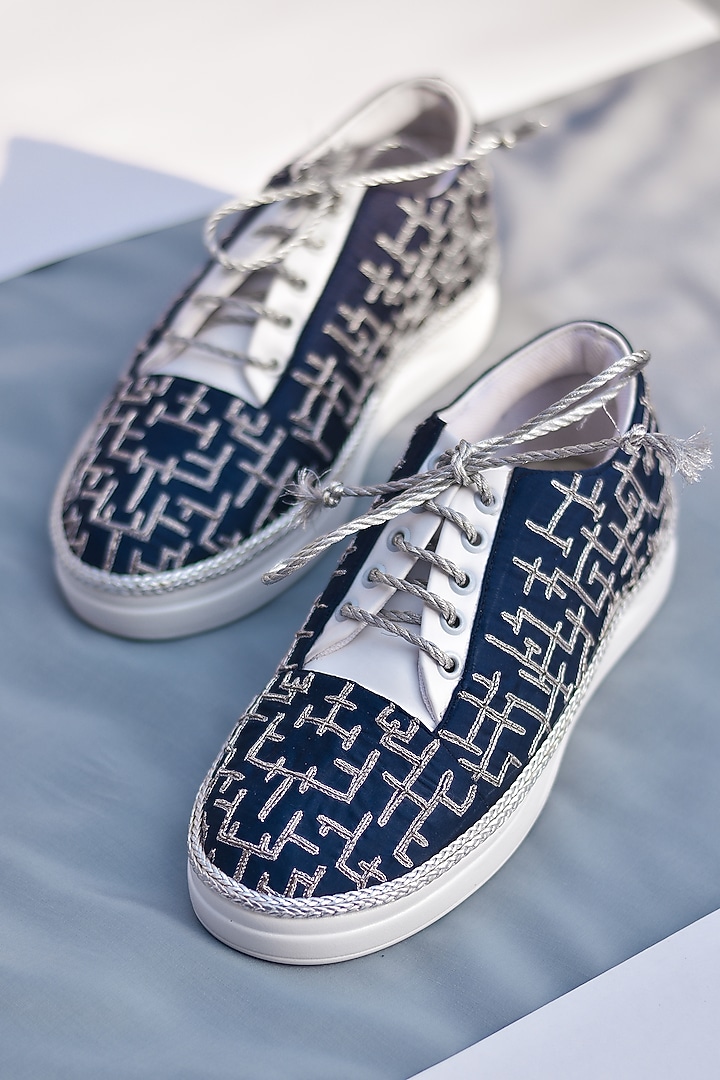 Navy Blue Poly Silk & Rexine Embroidered Sneakers by Around Always at Pernia's Pop Up Shop