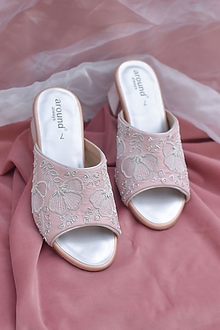 Pink Poly Silk Embroidered Sandals by Around Always