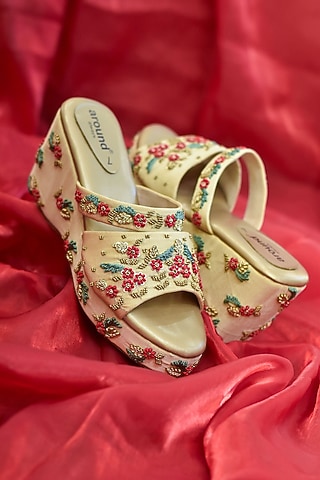 Golden Poly Silk Sequins Work Wedges by Around Always