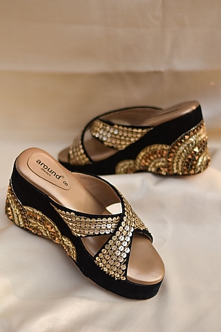 Black Velvet Sequins Work Wedges by Around Always