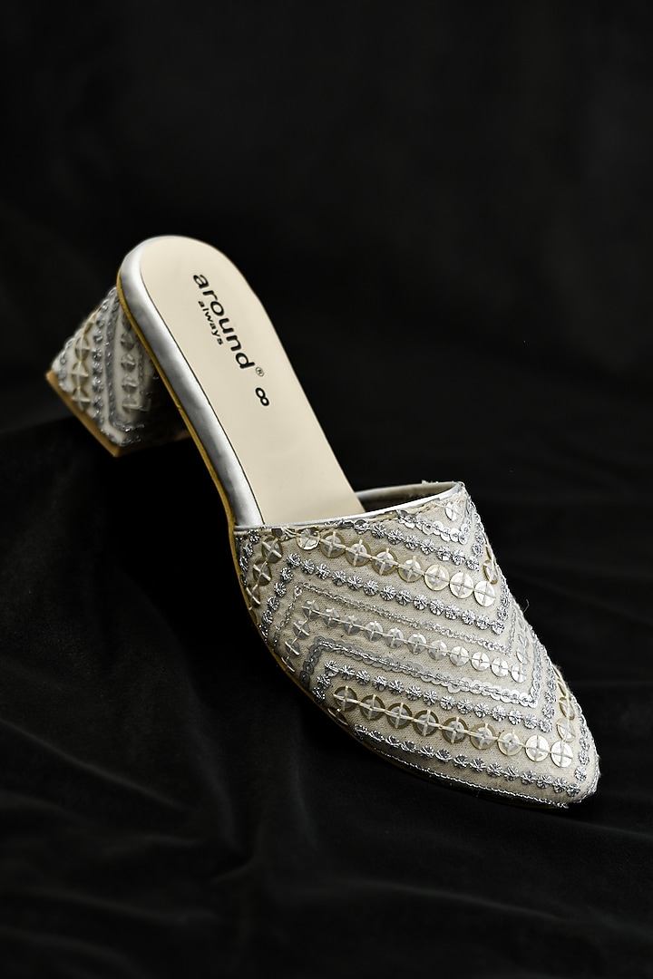 Silver Poly Silk & Rexine Embroidered Heels by Around Always at Pernia's Pop Up Shop