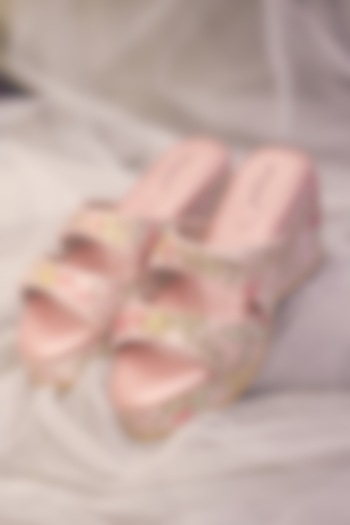 Rose Gold Poly Silk & Rexine Embroidered Heels by Around Always at Pernia's Pop Up Shop