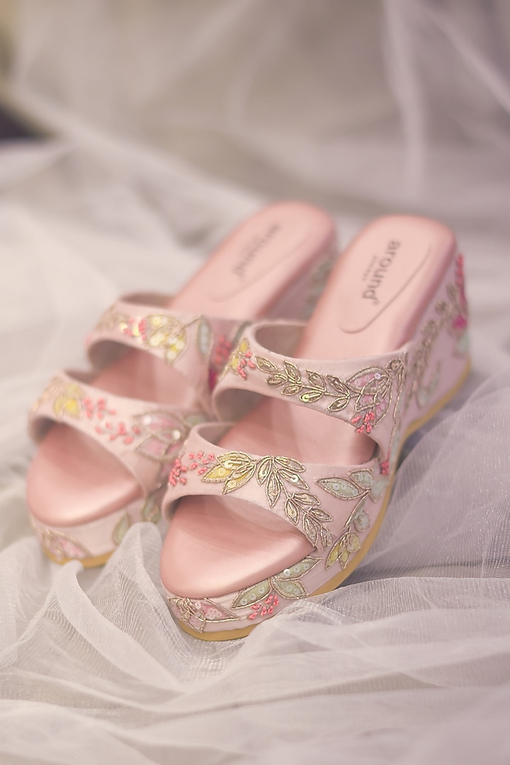 Rose Gold Poly Silk & Rexine Embroidered Heels by Around Always at Pernia's Pop Up Shop