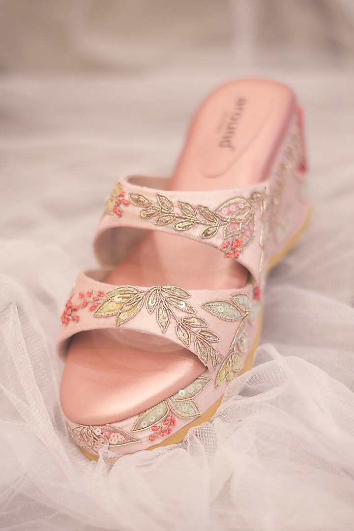 Rose Gold Poly Silk & Rexine Embroidered Heels by Around Always at Pernia's Pop Up Shop