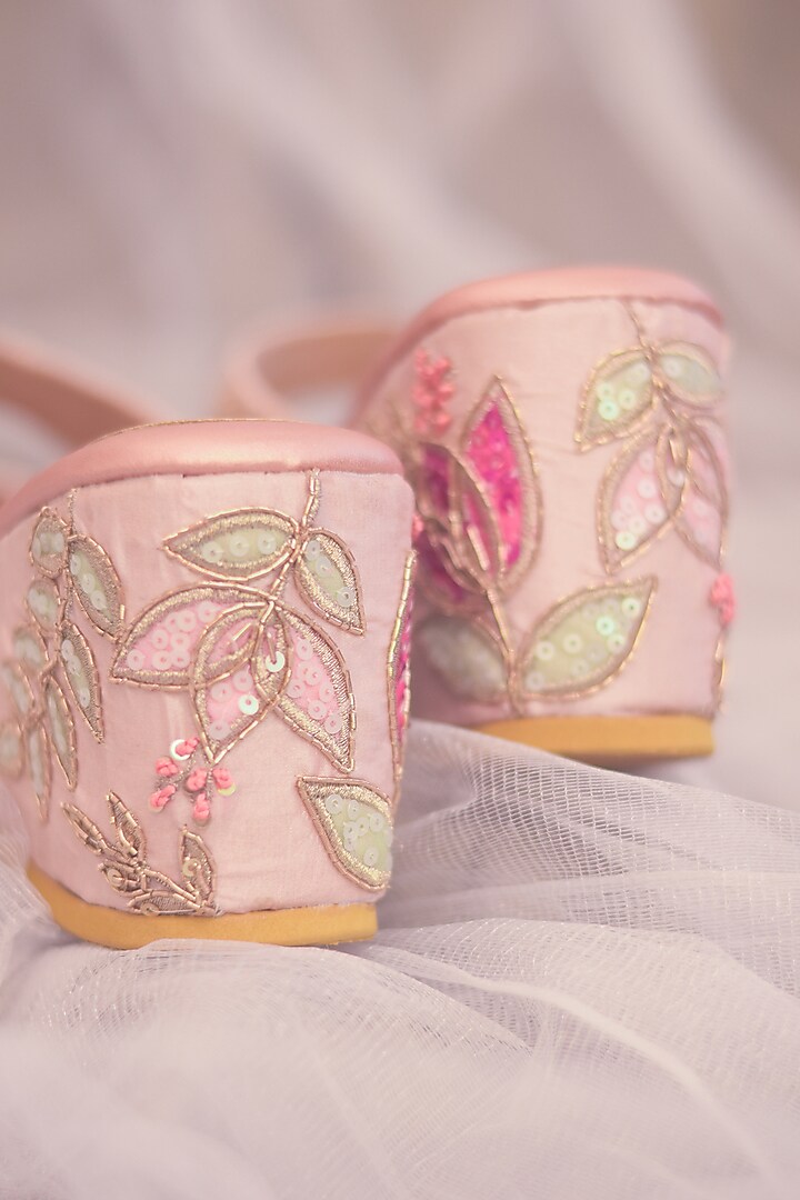 Rose Gold Poly Silk & Rexine Embroidered Heels by Around Always at Pernia's Pop Up Shop