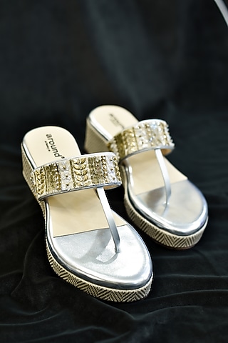 Silver Poly Silk & Rexine Embroidered Heels by Around Always