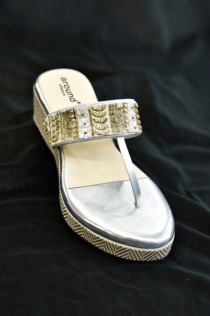Silver Poly Silk & Rexine Embroidered Heels by Around Always at Pernia's Pop Up Shop