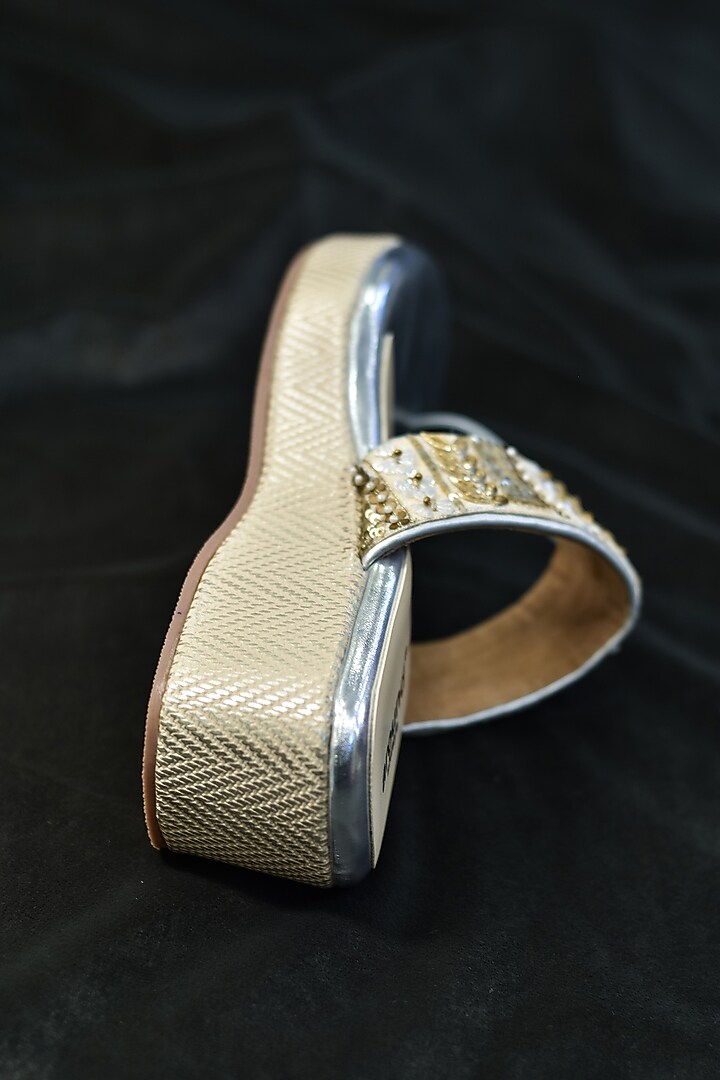 Silver Poly Silk & Rexine Embroidered Heels by Around Always at Pernia's Pop Up Shop