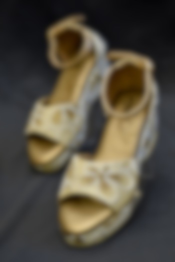 Gold Poly Silk & Rexine Embellished Heels by Around Always