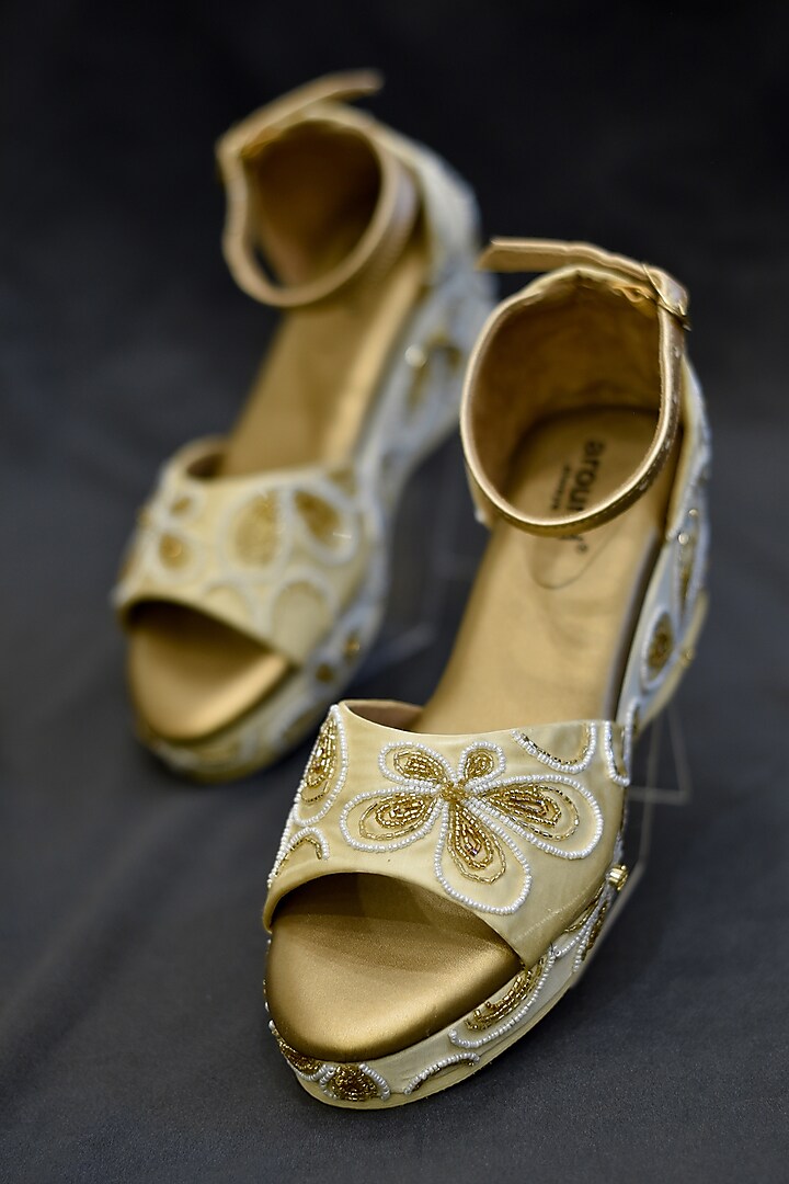 Gold Poly Silk & Rexine Embellished Heels by Around Always