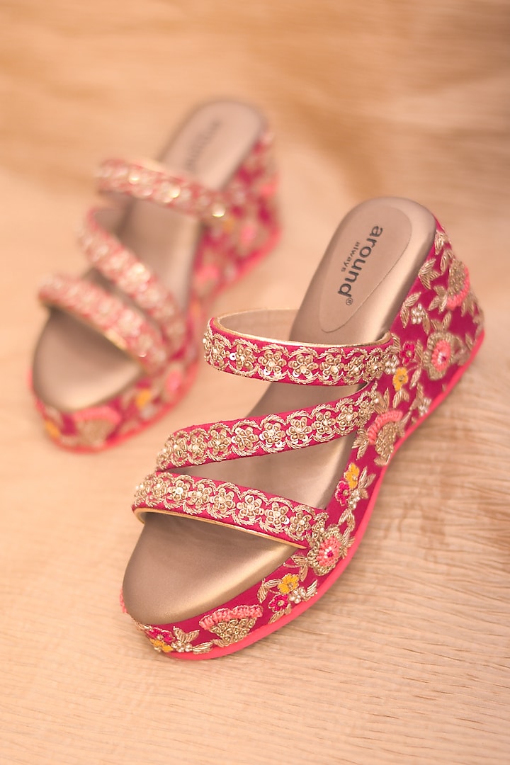 Red Poly Silk & Rexine Hand Embroidered Heels by Around Always