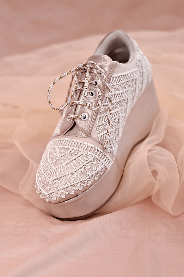 White Poly Silk Bead Embroidered Shoes by Around Always at Pernia's Pop Up Shop