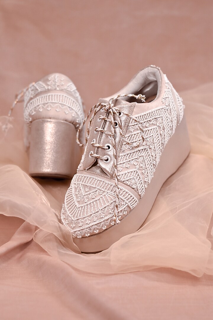 White Poly Silk Bead Embroidered Shoes by Around Always at Pernia's Pop Up Shop
