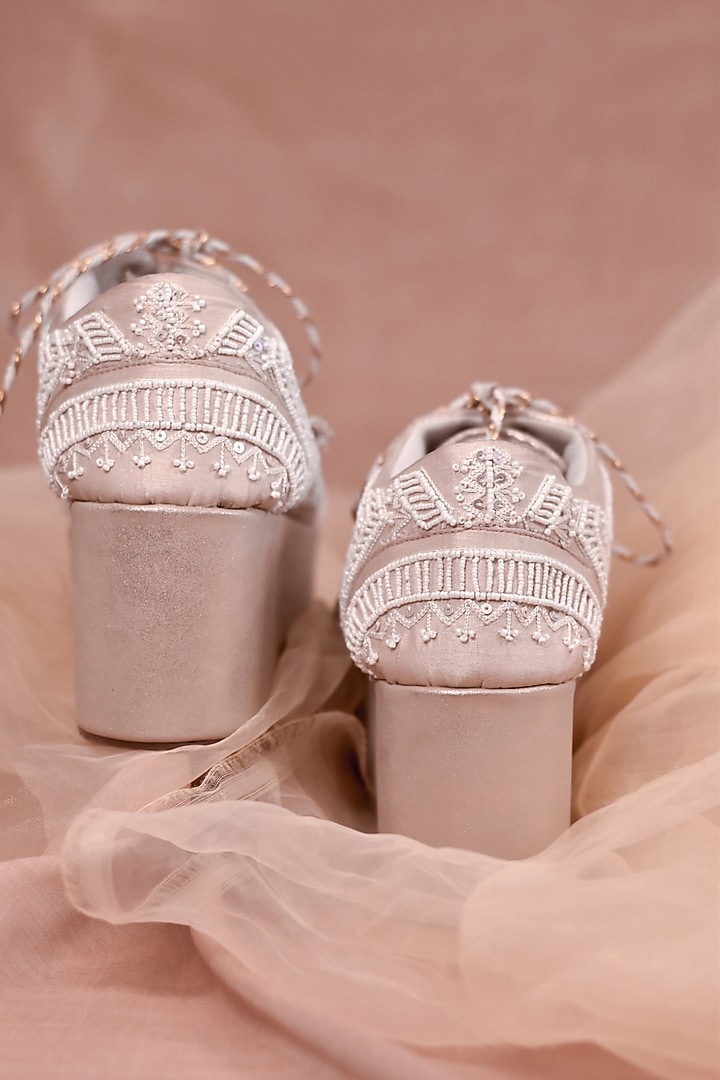 White Poly Silk Bead Embroidered Shoes by Around Always at Pernia's Pop Up Shop