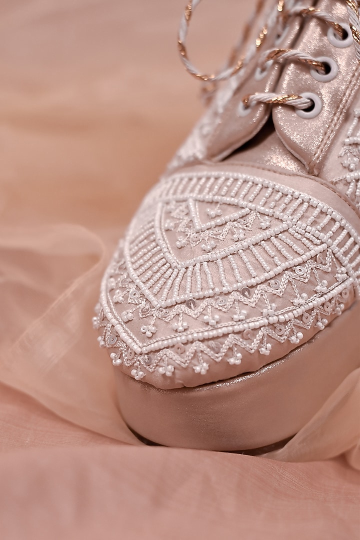White Poly Silk Bead Embroidered Shoes by Around Always at Pernia's Pop Up Shop