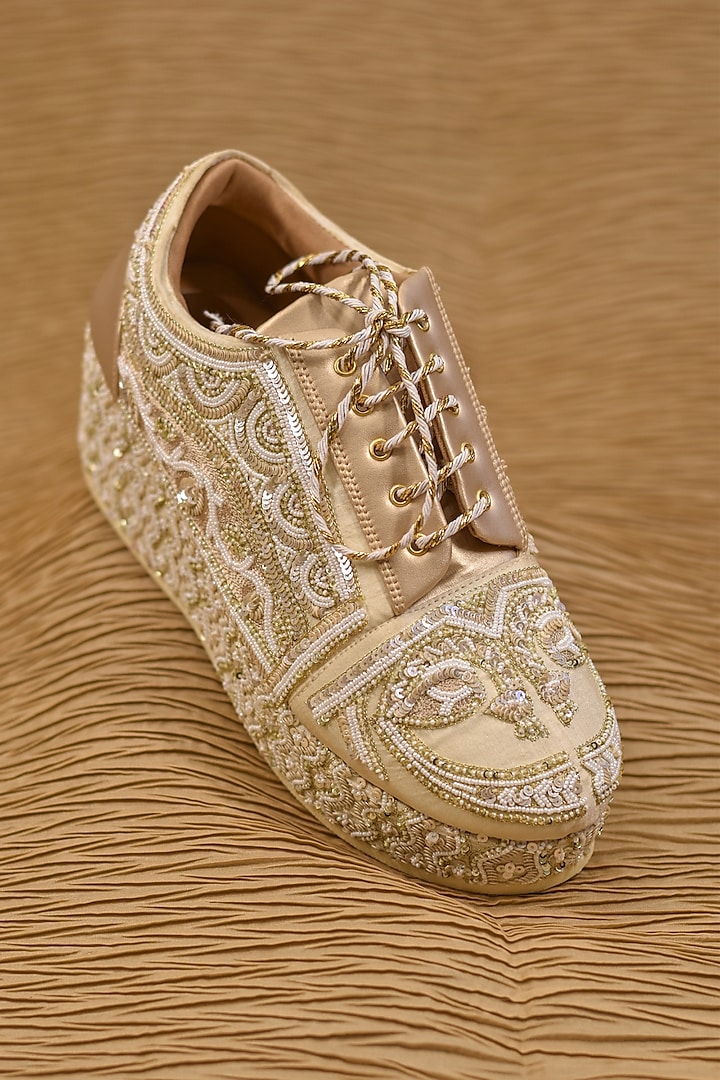 Beige Poly Silk Motifs Embroidered Shoes by Around Always at Pernia's Pop Up Shop