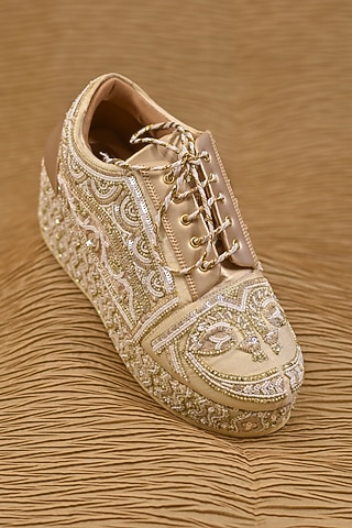 Beige Poly Silk Motifs Embroidered Shoes by Around Always