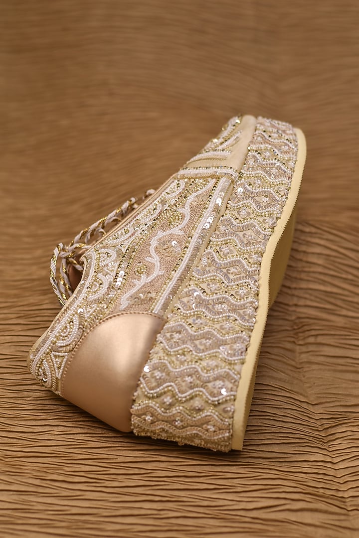 Beige Poly Silk Motifs Embroidered Shoes by Around Always at Pernia's Pop Up Shop