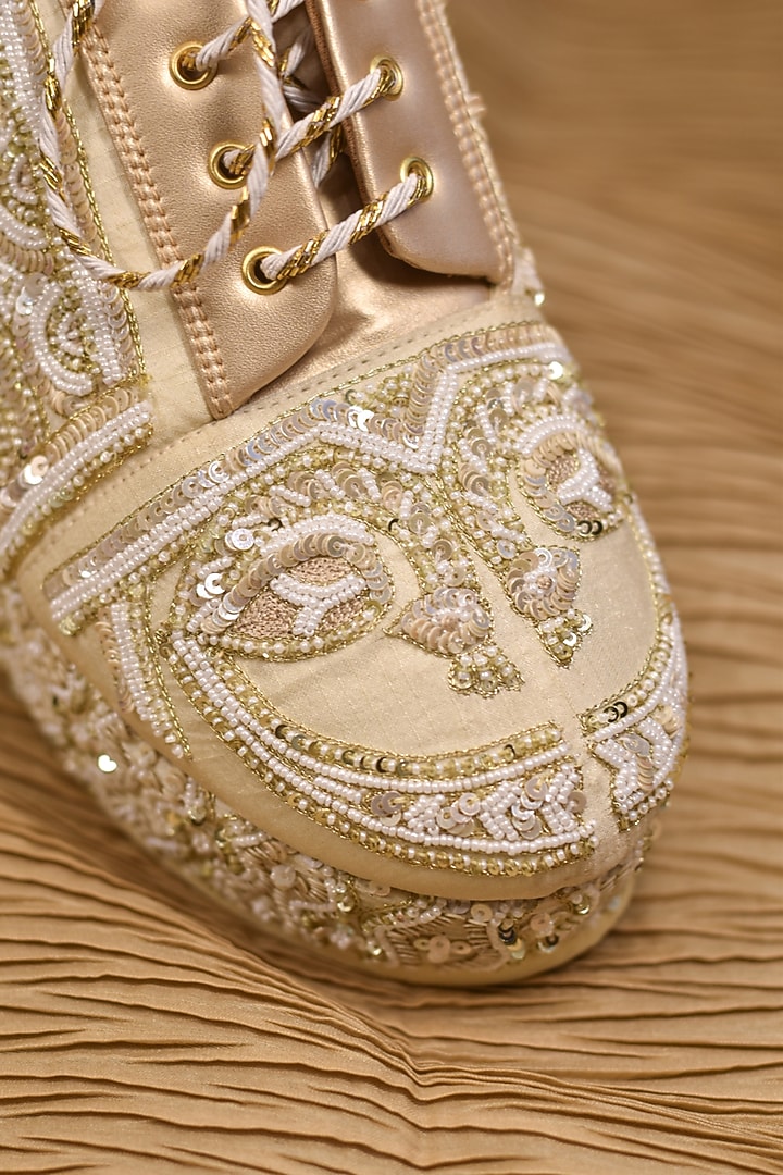 Beige Poly Silk Motifs Embroidered Shoes by Around Always at Pernia's Pop Up Shop