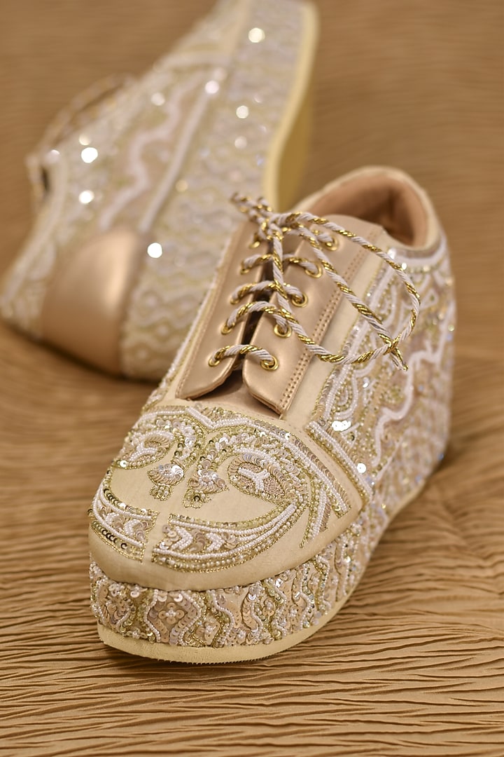 Beige Poly Silk Motifs Embroidered Shoes by Around Always at Pernia's Pop Up Shop