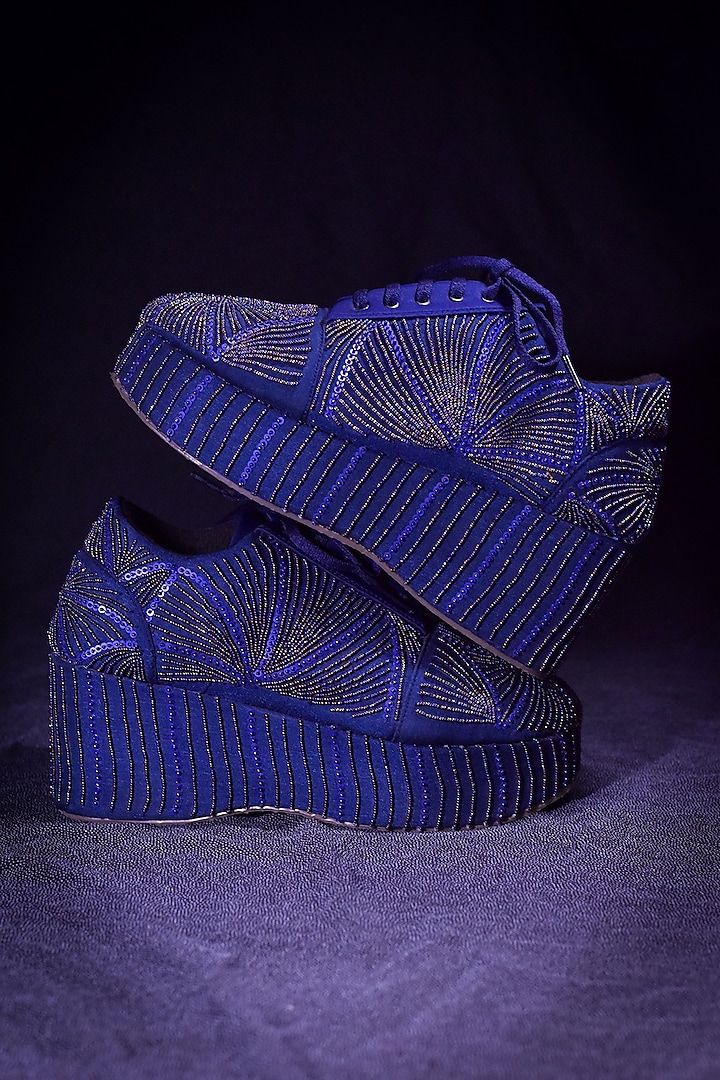 Blue Poly Silk Embroidered Shoes by Around Always at Pernia's Pop Up Shop