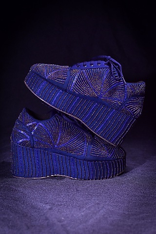 Blue Poly Silk Embroidered Shoes by Around Always