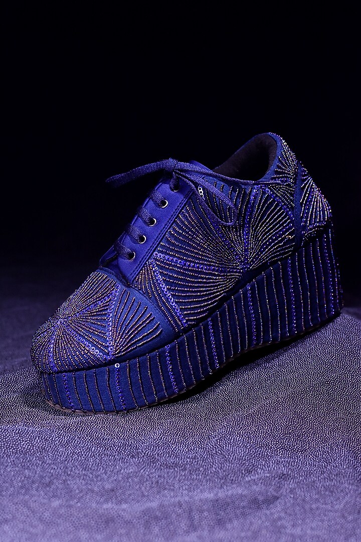 Blue Poly Silk Embroidered Shoes by Around Always at Pernia's Pop Up Shop