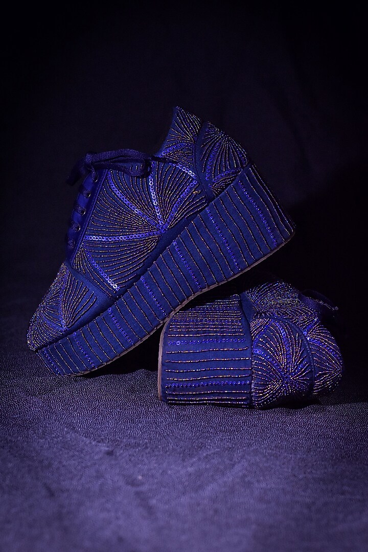 Blue Poly Silk Embroidered Shoes by Around Always at Pernia's Pop Up Shop