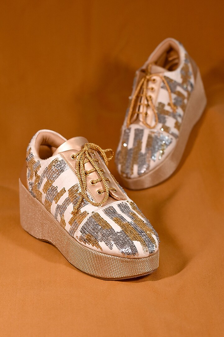 Gold Poly Silk Sequins Embellished Shoes by Around Always at Pernia's Pop Up Shop