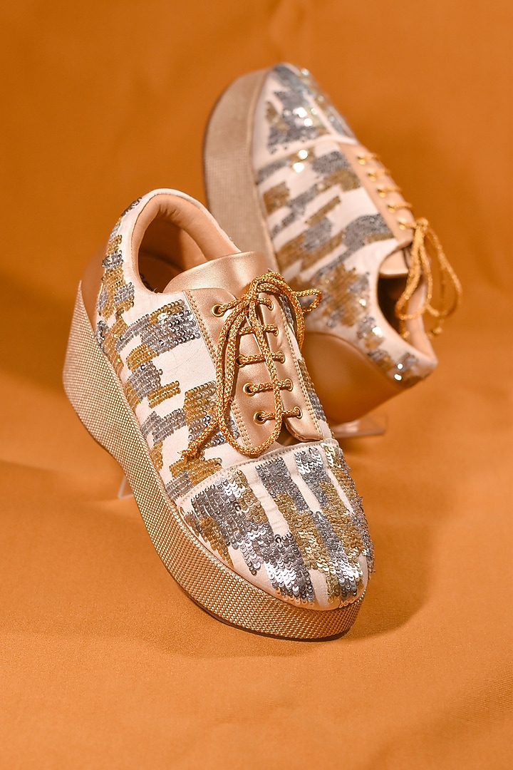 Gold Poly Silk Sequins Embellished Shoes by Around Always at Pernia's Pop Up Shop