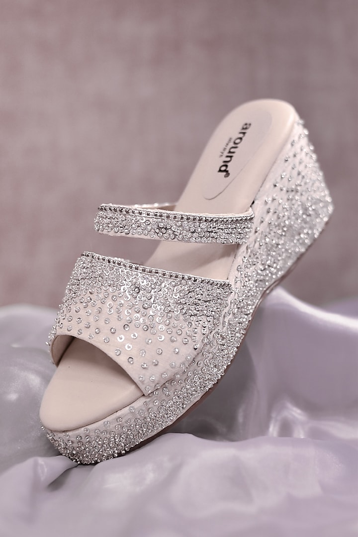 Ivory Poly Silk Sequins Hand Work Wedges by Around Always at Pernia's Pop Up Shop