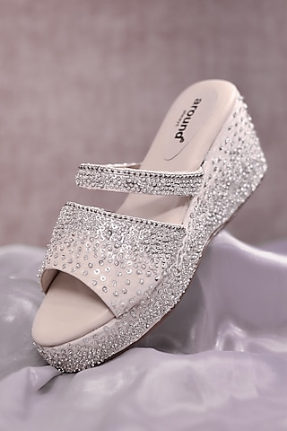 Ivory Poly Silk Sequins Hand Work Wedges by Around Always