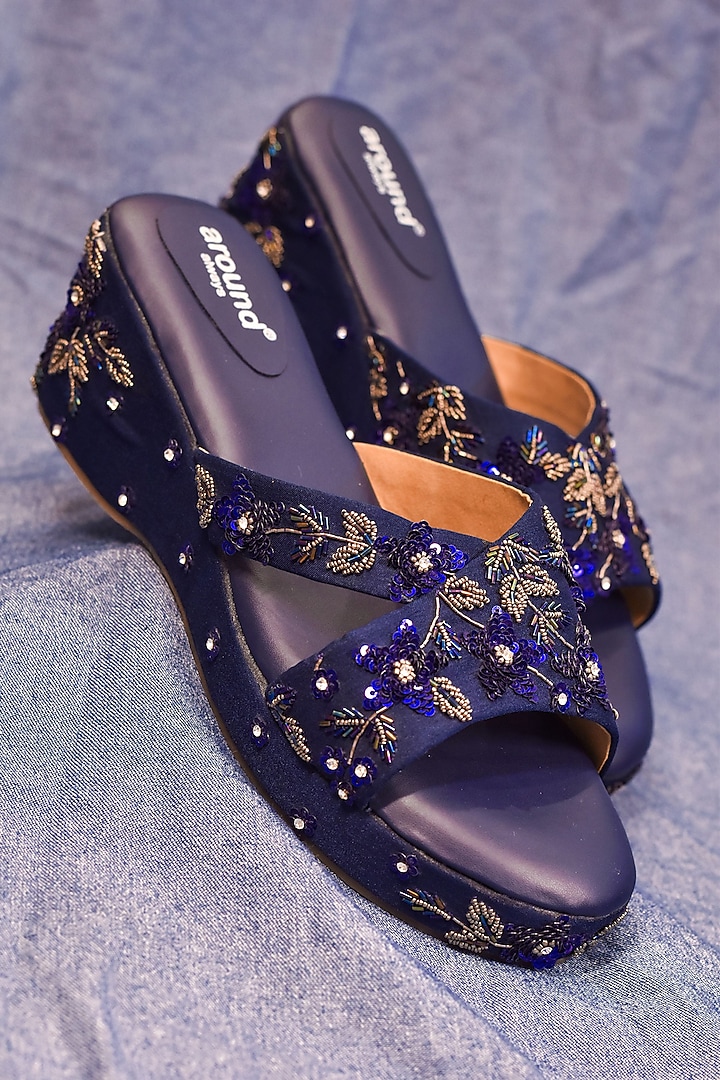 Blue Poly Silk Sequins Hand Work Wedges by Around Always at Pernia's Pop Up Shop