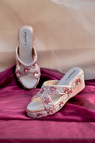 Pink Poly Silk Sequins Floral Work Wedges by Around Always