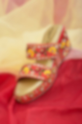 Red Poly Silk Floral Embroidered Wedges by Around Always at Pernia's Pop Up Shop