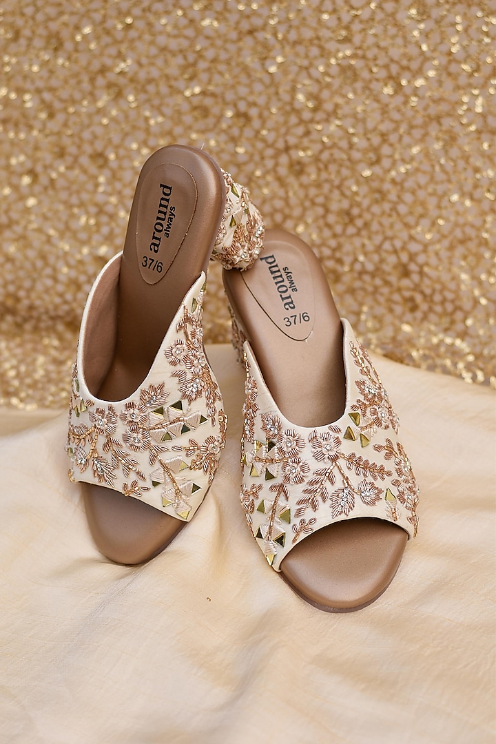 Gold Poly Silk Zari Floral Work Heels by Around Always at Pernia's Pop Up Shop