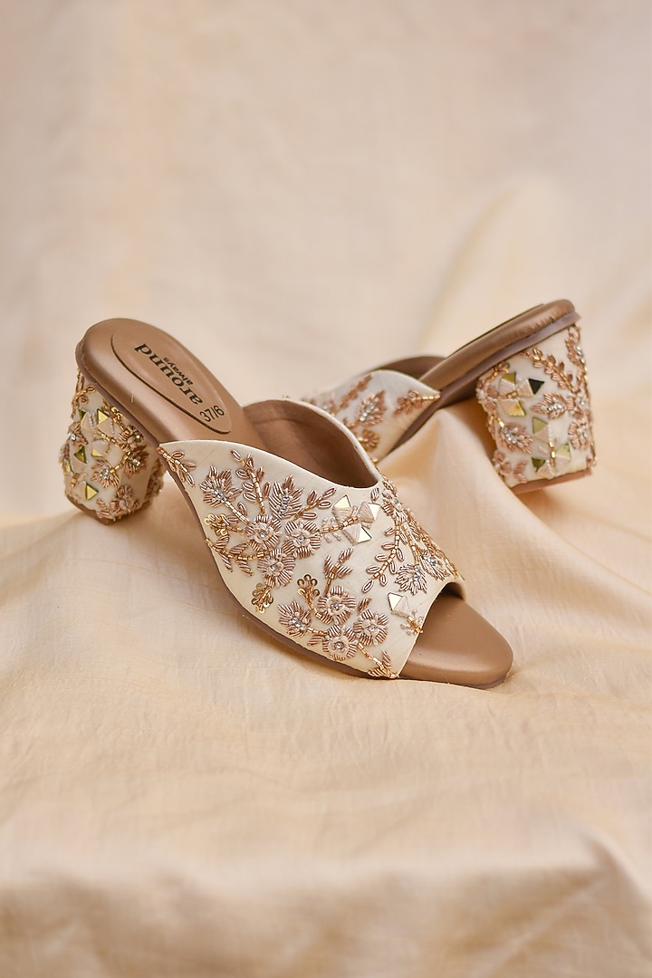 Gold Poly Silk Zari Floral Work Heels by Around Always at Pernia's Pop Up Shop