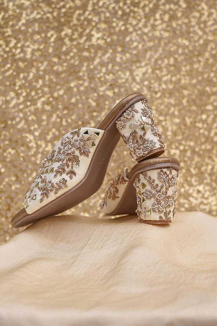 Gold Poly Silk Zari Floral Work Heels by Around Always at Pernia's Pop Up Shop