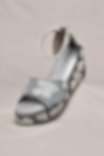 Grey Poly Silk Floral Applique Work Peep-Toe Heels by Around Always at Pernia's Pop Up Shop