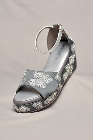 Grey Poly Silk Floral Applique Work Peep-Toe Heels by Around Always