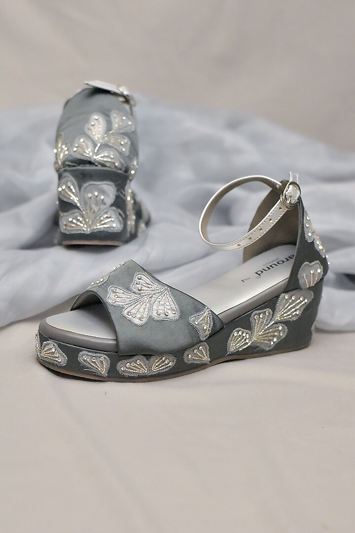 Grey Poly Silk Floral Applique Work Peep-Toe Heels by Around Always at Pernia's Pop Up Shop