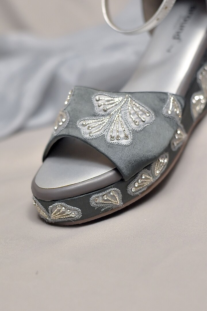 Grey Poly Silk Floral Applique Work Peep-Toe Heels by Around Always at Pernia's Pop Up Shop