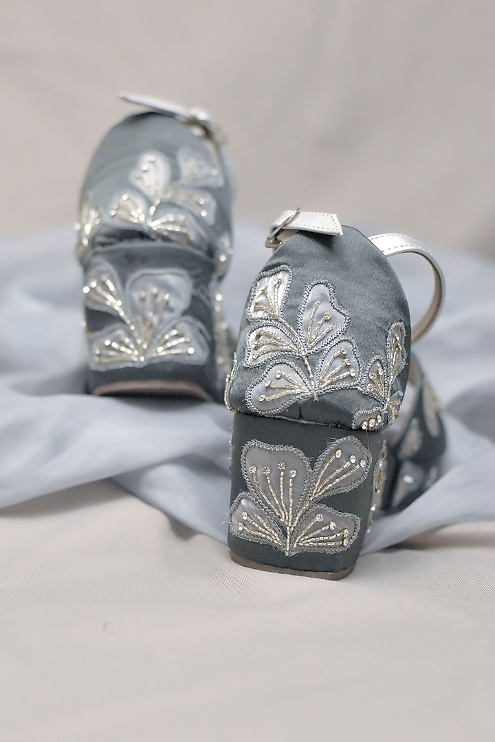 Grey Poly Silk Floral Applique Work Peep-Toe Heels by Around Always at Pernia's Pop Up Shop