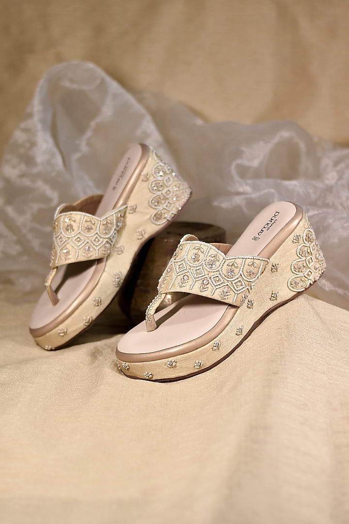 Golden Poly Silk Sequins Embroidered Wedges by Around Always at Pernia's Pop Up Shop