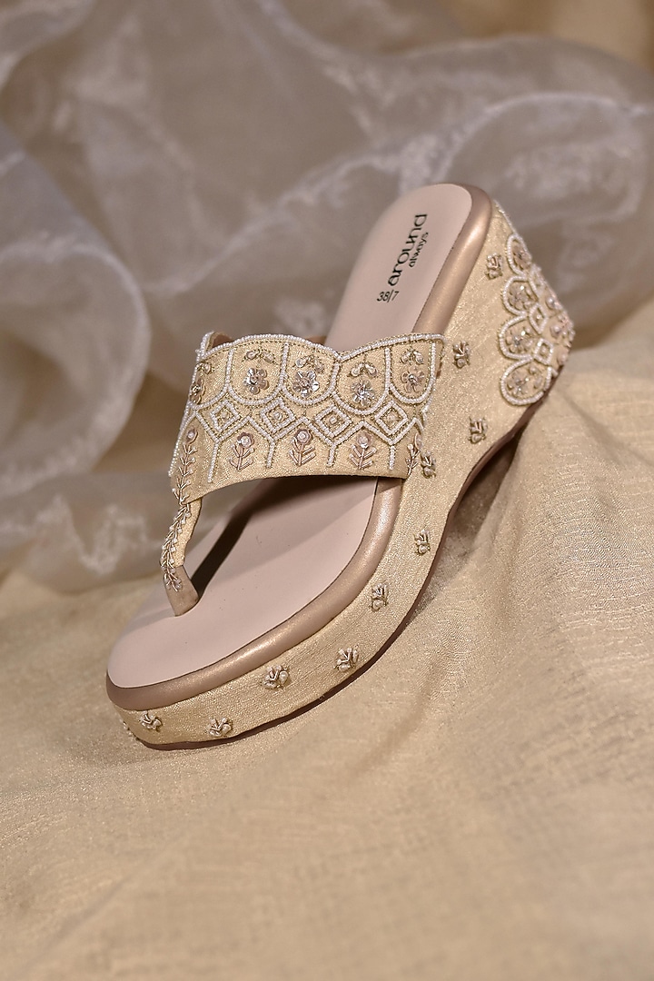 Golden Poly Silk Sequins Embroidered Wedges by Around Always at Pernia's Pop Up Shop
