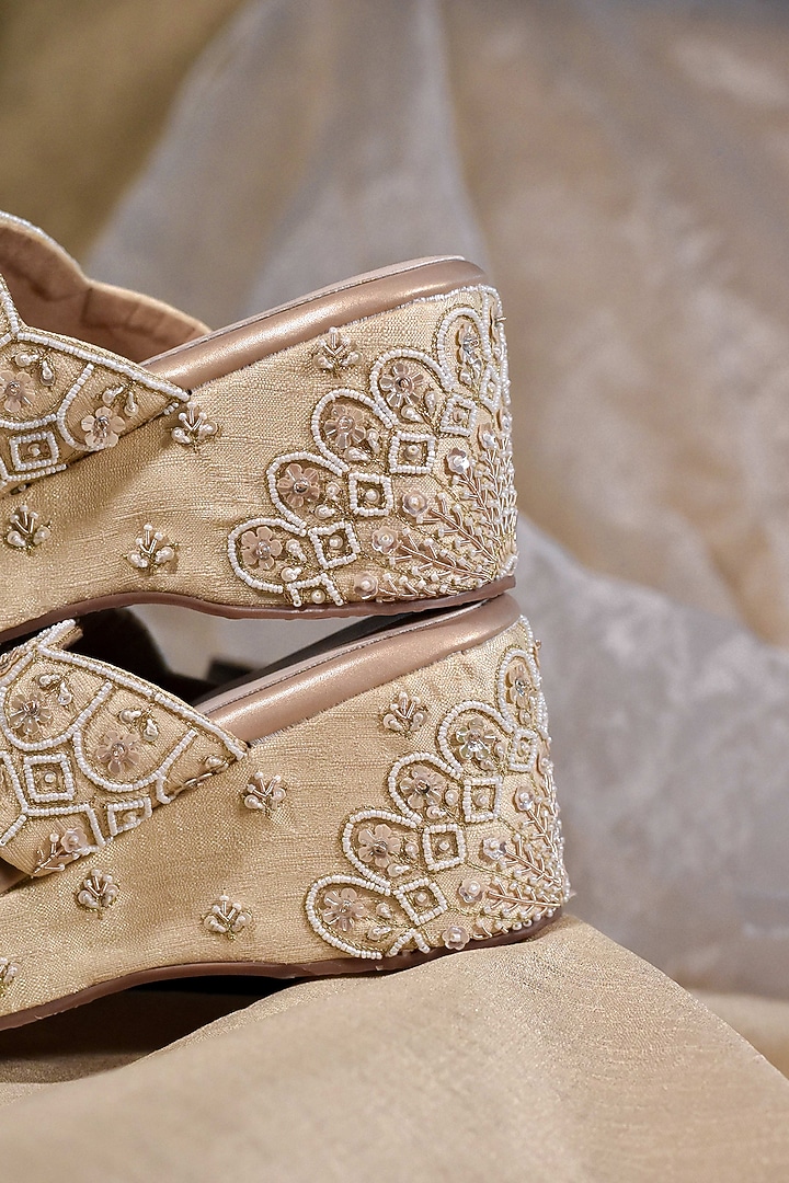 Golden Poly Silk Sequins Embroidered Wedges by Around Always at Pernia's Pop Up Shop