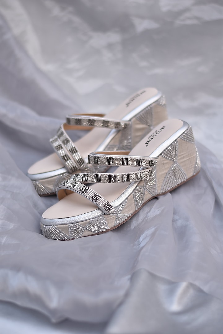 Silver Poly Silk Embroidered Wedges by Around Always at Pernia's Pop Up Shop