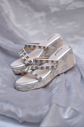Silver Poly Silk Embroidered Wedges by Around Always