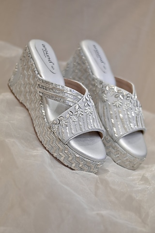 Silver Poly Silk Sequins Embroidered Wedges by Around Always