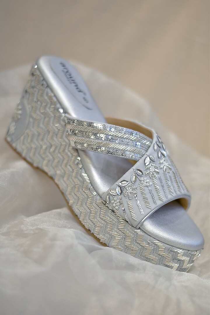 Silver Poly Silk Sequins Embroidered Wedges by Around Always at Pernia's Pop Up Shop